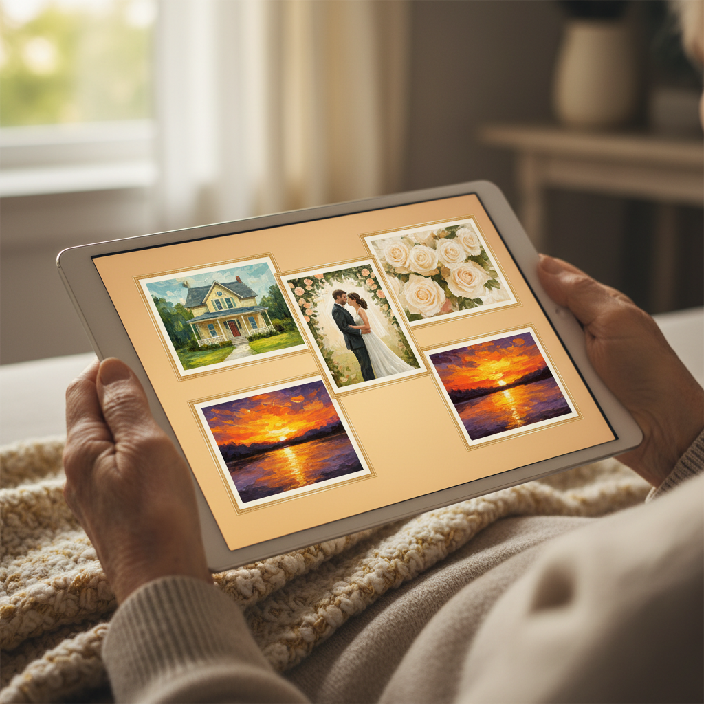 Senior viewing illustrated storyboard memories on a tablet