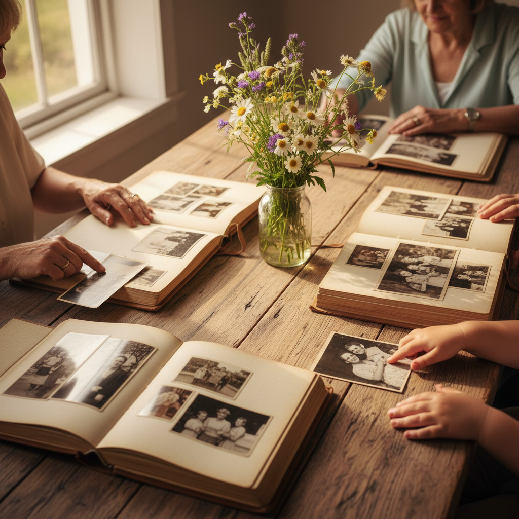 Family gathered around photo albums preserving memories together