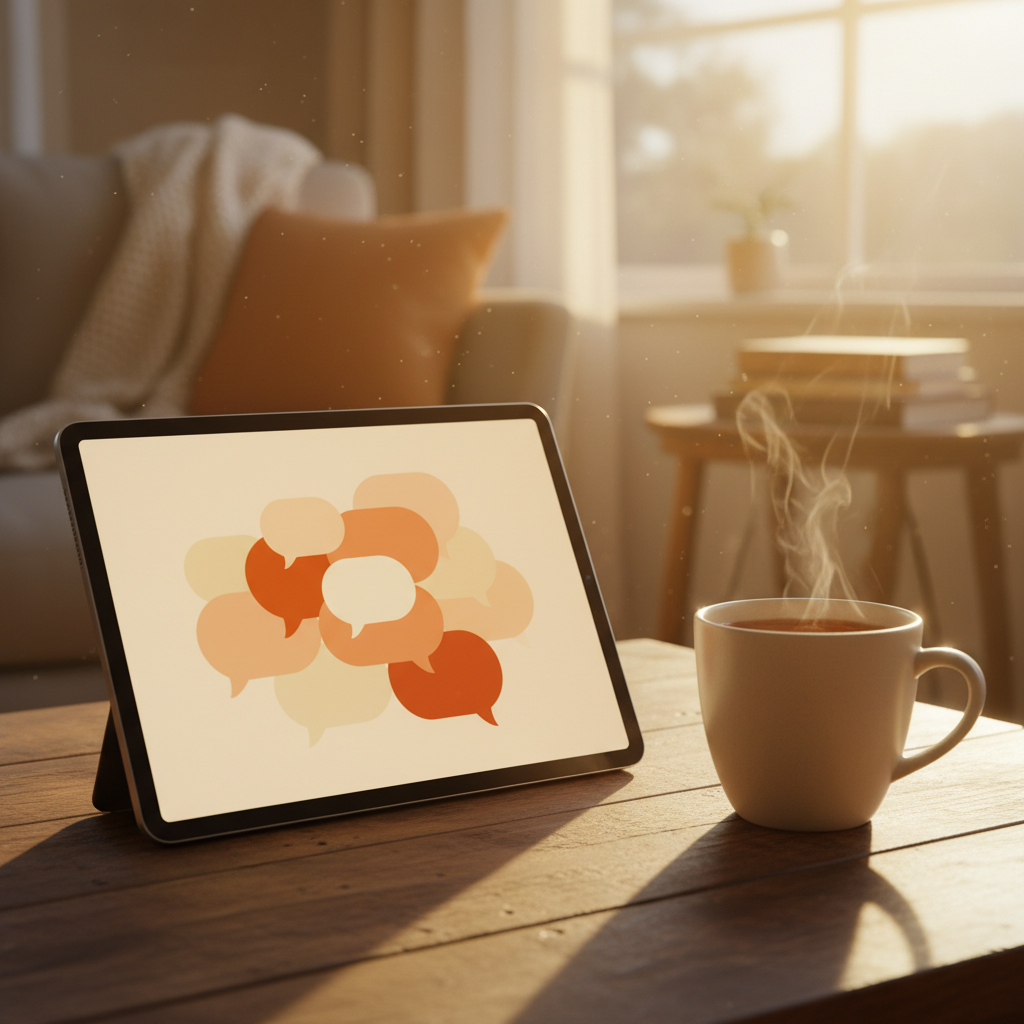 Tablet showing KindredLink AI conversation interface in a warm living room