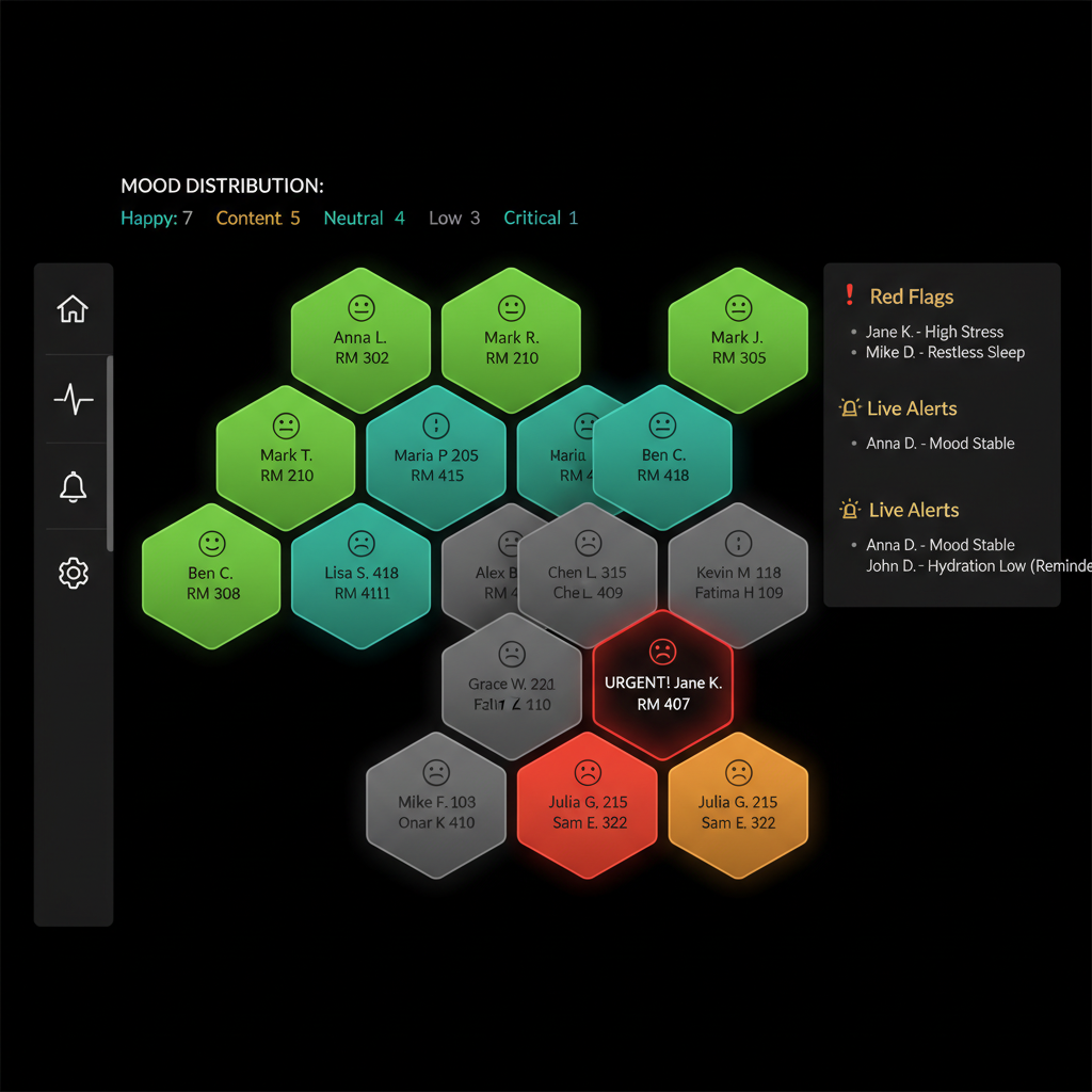 KindredLink wellness monitoring dashboard with mood distribution and live alerts
