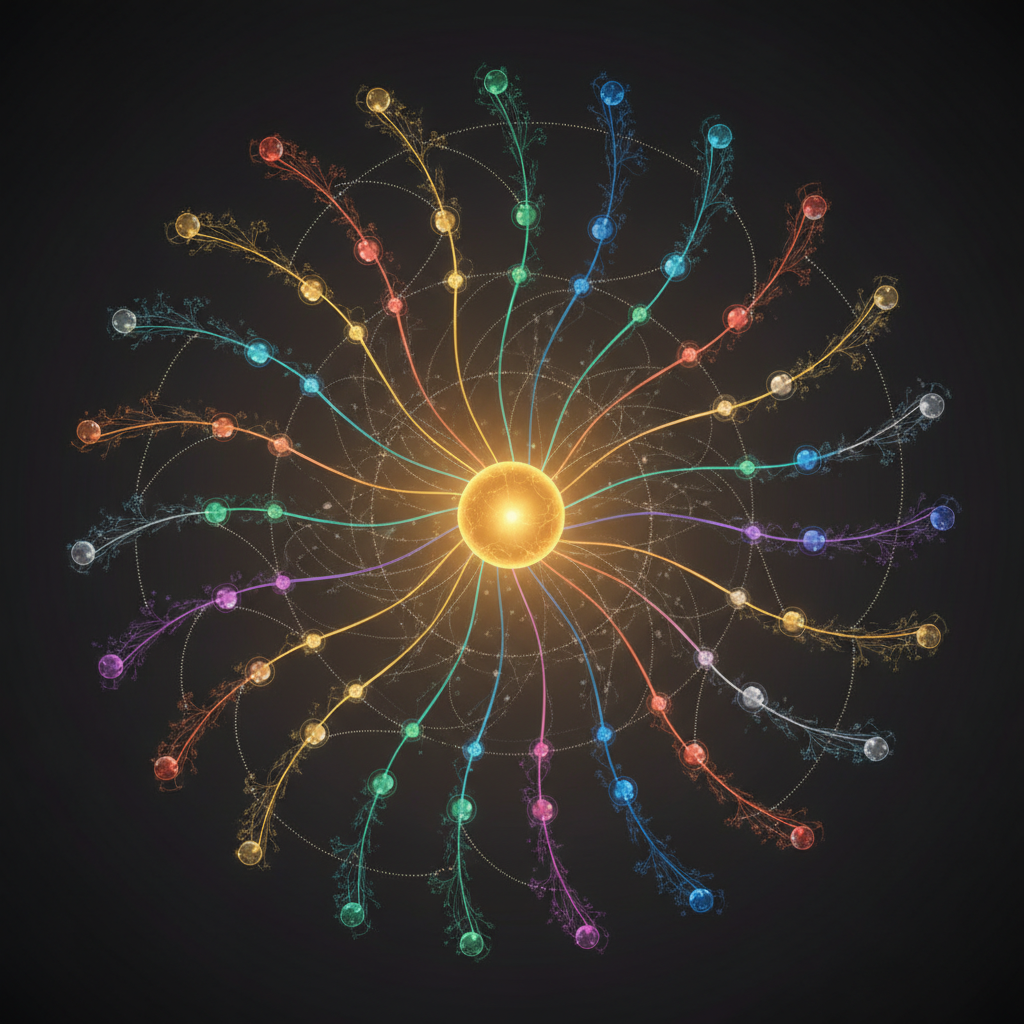 KindredLink radial life map with colorful category spokes and memory nodes